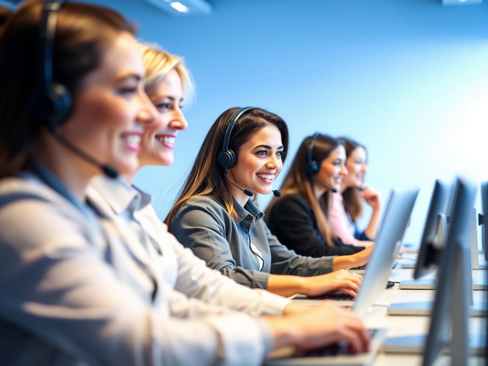 Equipe de atendentes humanos sorrindo com headsets em um centro de atendimento