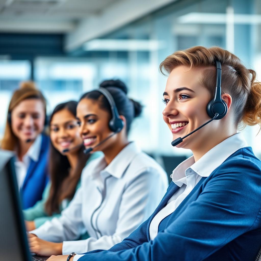 Equipe de atendentes humanos sorrindo com headsets em um centro de atendimento